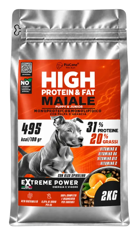 PiùCane Extreme Power Puppy e Junior Maiale Monoproteico con Arancia, 2 kg