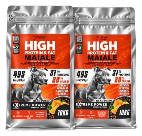 PiùCane Extreme Power Puppy e Junior Maiale Monoproteico con Arancia, 20 kg