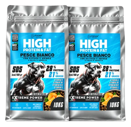 PiùCane Extreme Power Pesce Bianco con Acciuga e Aringa e Polpa d’Arancia, 20 kg