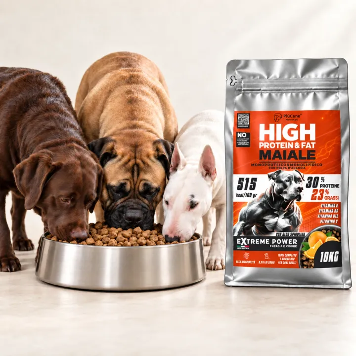 Cani che mangiano crocchette ExtremePower da una ciotola