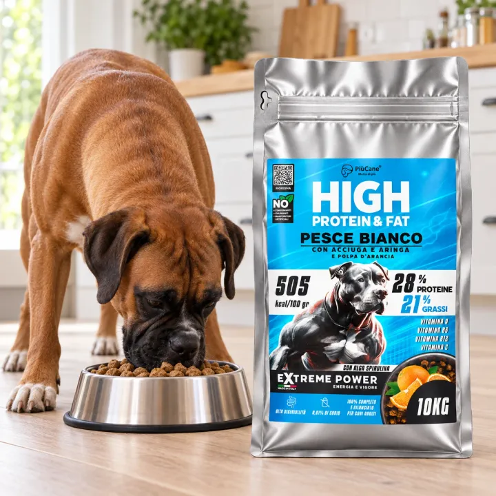 Boxer che mangia ExtremePower Pesce Bianco accanto al sacco da 10 kg
