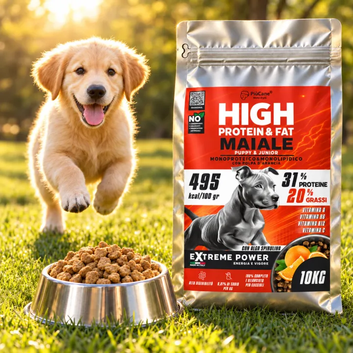Cucciolo che corre verso la ciotola, accanto al sacco ExtremePower Puppy & Junior