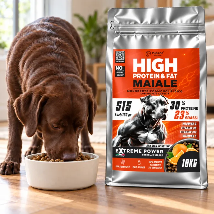Labrador che mangia ExtremePower Adult Maiale accanto al sacco da 10 kg