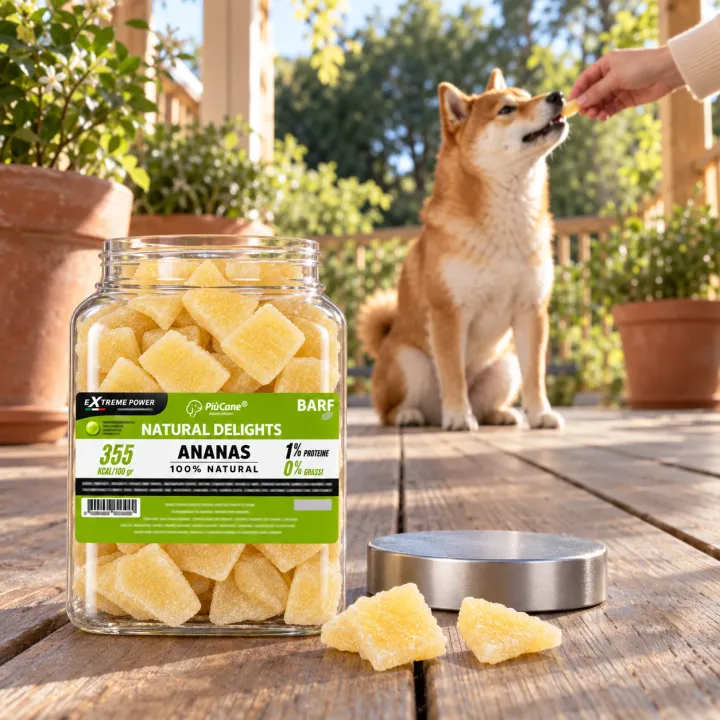 Barattolo aperto PiùCane Natural Delights Ananas da 70 g in primo piano sul pavimento di una veranda in legno, con il tappo argento e due tocchetti di ananas candito accanto; sullo sfondo uno Shiba Inu seduto prende un tocchetto offerto da una mano