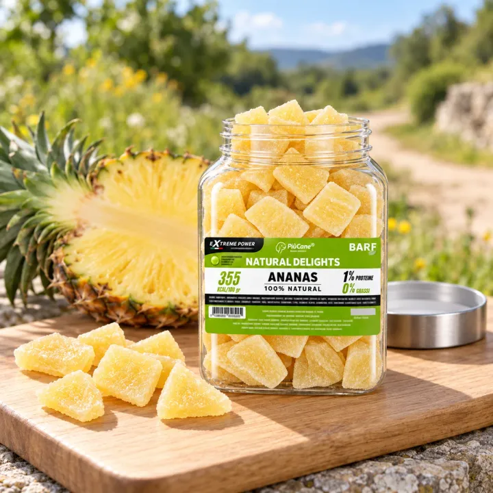 Barattolo aperto PiùCane Natural Delights Ananas da 70 g su un tagliere di legno appoggiato a un muretto di pietra lungo un sentiero di campagna, con tocchetti di ananas candito versati davanti, il tappo argento accanto e mezzo ananas fresco sullo sfondo