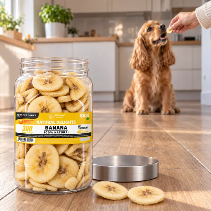 Cocker Spaniel fulvo seduto sul parquet di una cucina chiara che prende una chips di banana da una mano; in primo piano il barattolo aperto PiùCane Natural Delights Banana con il tappo argento e due chips accanto