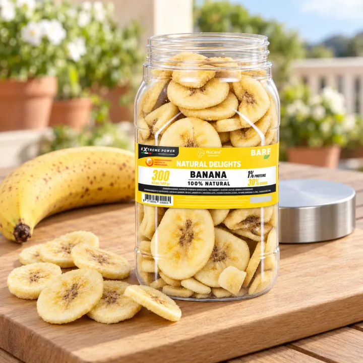 Barattolo aperto PiùCane Natural Delights Banana su un tagliere di legno in una terrazza soleggiata, con alcune chips di banana versate davanti, il tappo argento accanto e una banana fresca a sinistra