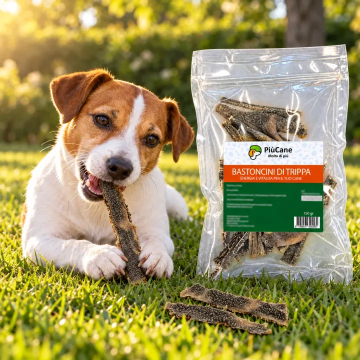 Jack Russell sdraiato sul prato di un giardino nella luce dorata del tardo pomeriggio che rosicchia un bastoncino di trippa essiccata tenuto tra le zampe, accanto alla confezione PiùCane Bastoncini di Trippa 150 gr