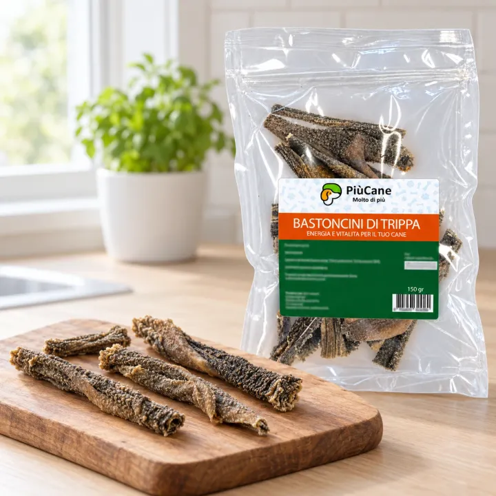 Quattro bastoncini di trippa essiccata su un tagliere di legno in una cucina luminosa, accanto alla busta trasparente PiùCane Bastoncini di Trippa da 150 gr