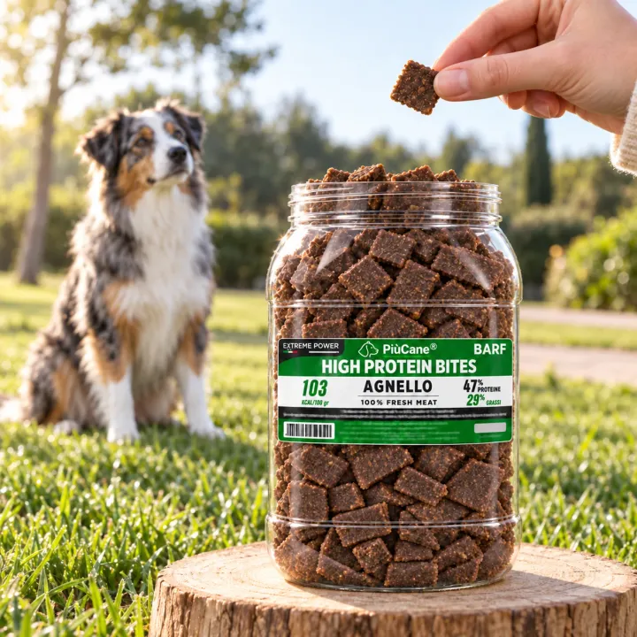 Pastore Australiano blue merle seduto sul prato di un parco al mattino che guarda un bocconcino tenuto da una mano, con in primo piano il barattolo aperto PiùCane Extreme Power High Protein Bites Agnello su un ceppo di legno