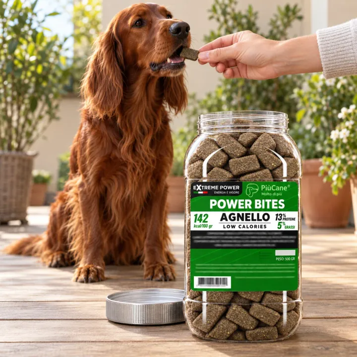 Setter Irlandese seduto su una terrazza soleggiata che prende un bocconcino dalla mano, accanto al barattolo aperto PiùCane Power Bites Agnello Low Calories da 500 g con il tappo argento appoggiato a terra