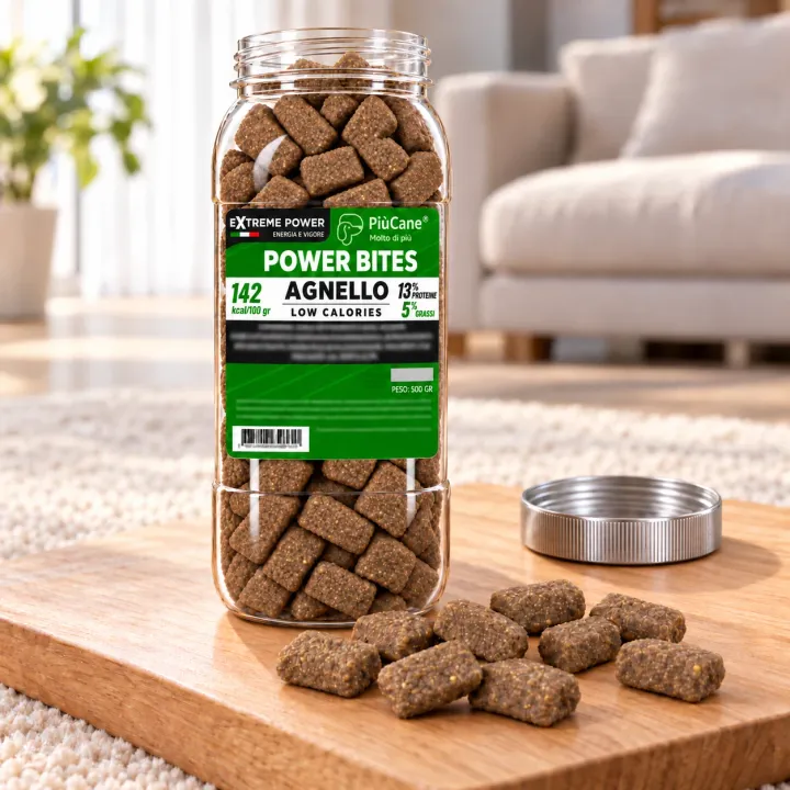 Barattolo aperto PiùCane Power Bites Agnello Low Calories da 500 g su un tagliere di legno in un soggiorno luminoso, con bocconcini versati davanti e il tappo argento appoggiato accanto