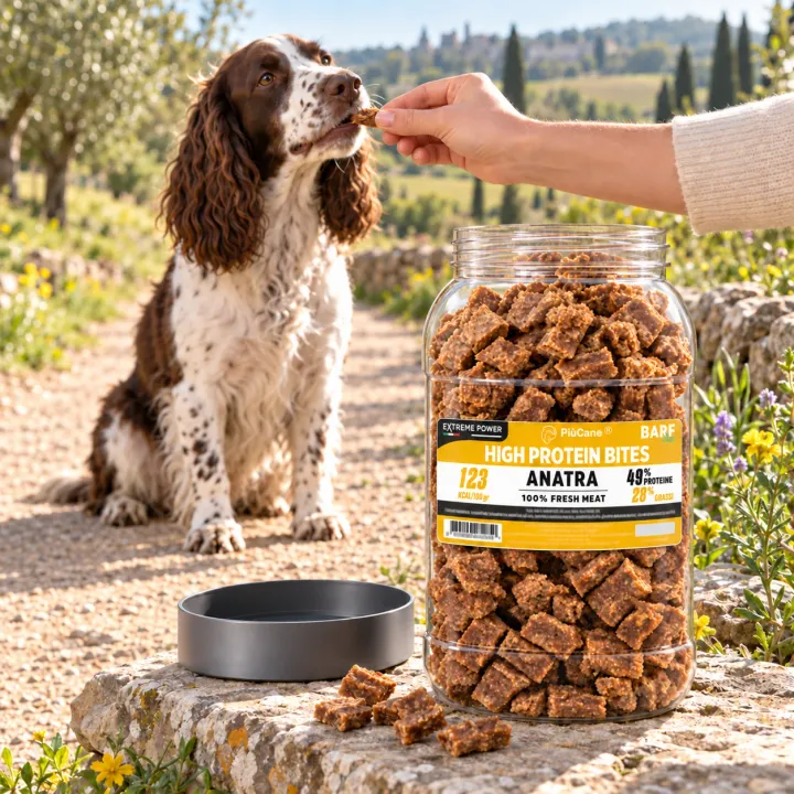 English Springer Spaniel seduto su un sentiero di campagna che prende un bocconcino dalla mano, con in primo piano il barattolo aperto PiùCane Extreme Power High Protein Bites Anatra appoggiato su una pietra con il tappo grigio e alcuni bocconcini