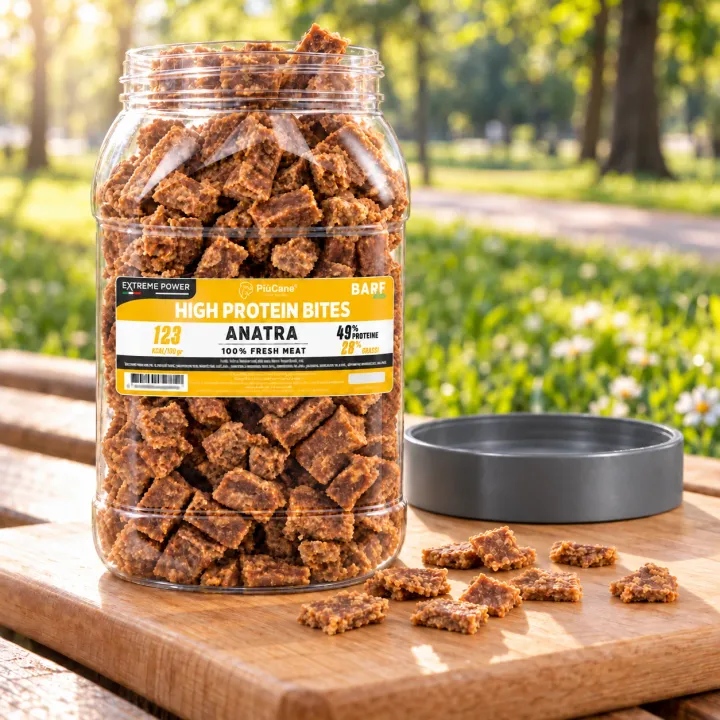 Barattolo aperto PiùCane Extreme Power High Protein Bites Anatra su un tagliere di legno chiaro appoggiato su una panchina del parco al mattino, con alcuni bocconcini versati davanti e il tappo grigio appoggiato accanto