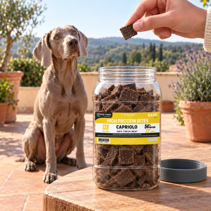 Weimaraner seduto su una terrazza di campagna che guarda un bocconcino tenuto da una mano, con in primo piano il barattolo aperto PiùCane Extreme Power High Protein Bites Capriolo su un tavolino di legno accanto al tappo grigio