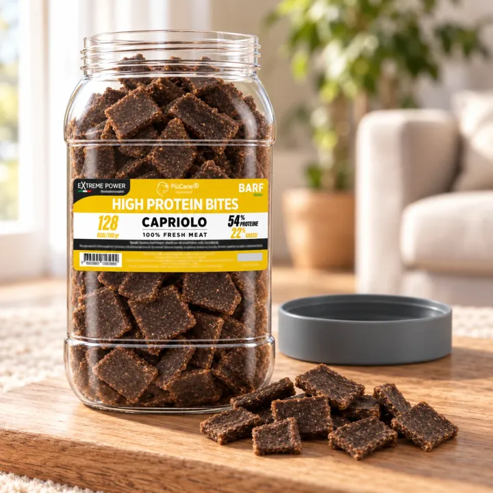 Barattolo aperto PiùCane Extreme Power High Protein Bites Capriolo su un tagliere di legno in un soggiorno luminoso, con alcuni bocconcini versati davanti e il tappo grigio capovolto accanto