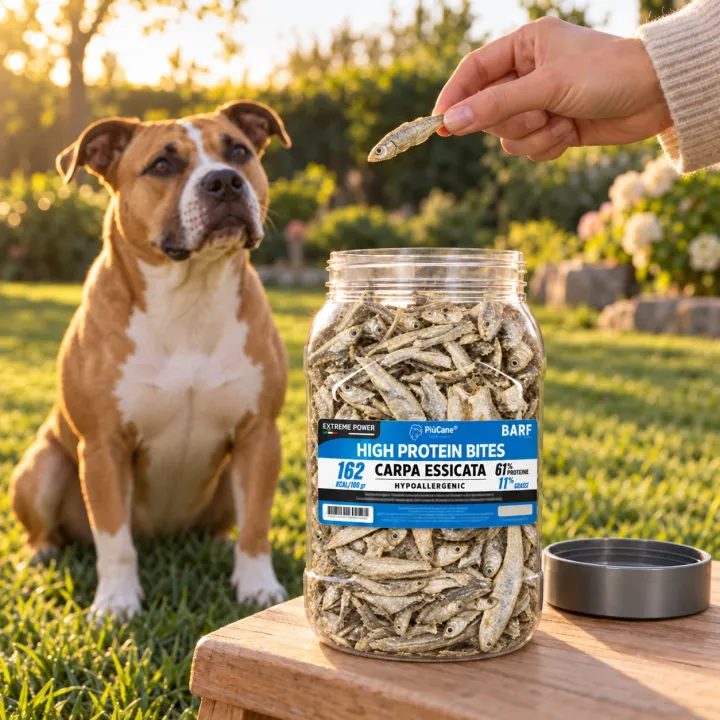 American Staffordshire Terrier seduto sul prato di un giardino all'ora dorata che guarda un pesciolino essiccato tenuto da una mano, con in primo piano il barattolo aperto PiùCane Extreme Power High Protein Bites Carpa Essicata su uno sgabello di legno accanto al tappo grigio