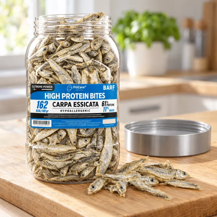 Barattolo aperto PiùCane Extreme Power High Protein Bites Carpa Essicata su un tagliere di legno chiaro in una cucina luminosa, con alcuni pesciolini essiccati versati davanti e il tappo grigio argento appoggiato accanto