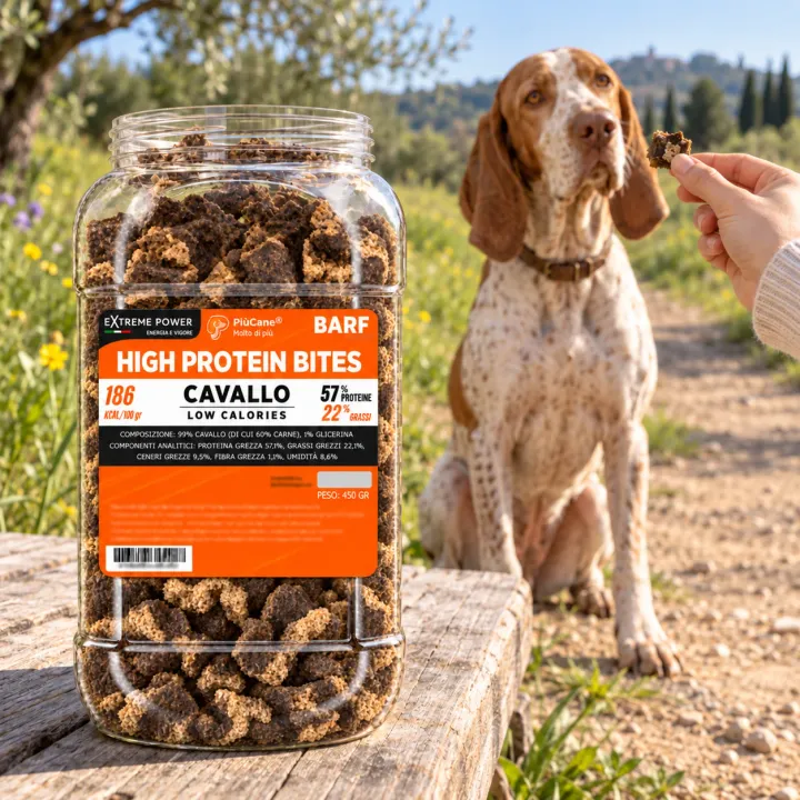 Bracco Italiano seduto su un sentiero di campagna che guarda un bocconcino tenuto da una mano, con in primo piano il barattolo aperto PiùCane Extreme Power High Protein Bites Cavallo Low Calories da 450 g su una panca di legno