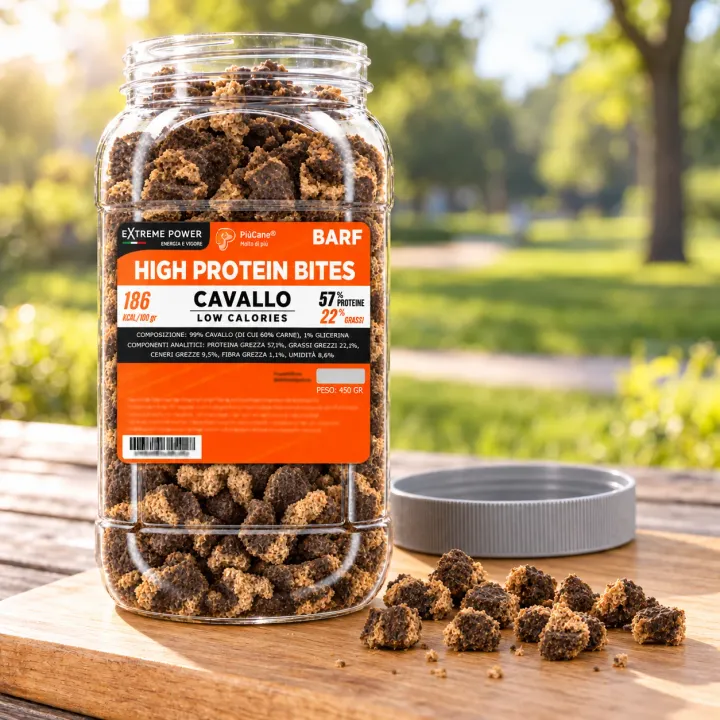 Barattolo aperto PiùCane Extreme Power High Protein Bites Cavallo Low Calories da 450 g su un tagliere di legno chiaro in un parco al mattino, con alcuni bocconcini versati davanti e il tappo grigio accanto