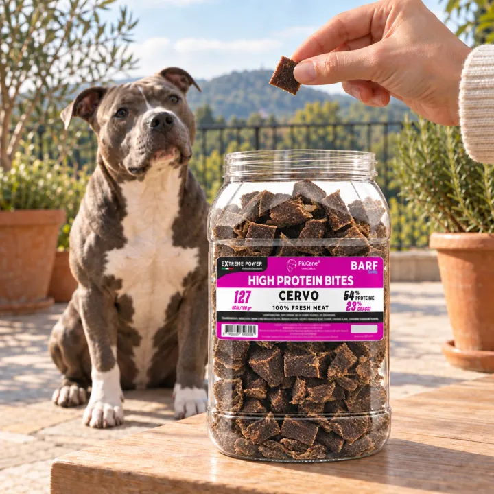 American Staffordshire Terrier grigio-blu seduto su una terrazza soleggiata che guarda un bocconcino tenuto da una mano, con in primo piano il barattolo aperto PiùCane Extreme Power High Protein Bites Cervo su un tavolino di legno