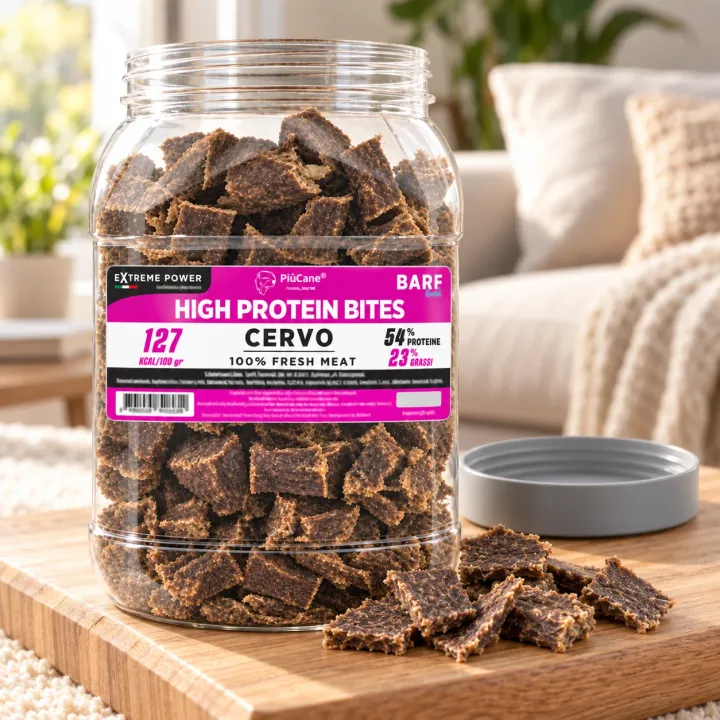 Barattolo aperto PiùCane Extreme Power High Protein Bites Cervo su un tagliere di legno chiaro in un soggiorno luminoso, con alcuni bocconcini versati davanti e il tappo grigio appoggiato accanto