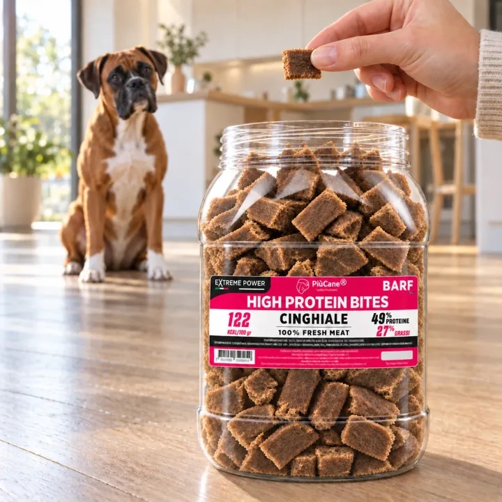 Boxer fulvo seduto sul pavimento in legno di una cucina luminosa che guarda un bocconcino tenuto da una mano, con in primo piano il barattolo aperto PiùCane Extreme Power High Protein Bites Cinghiale