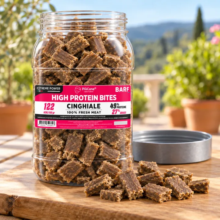 Barattolo aperto PiùCane Extreme Power High Protein Bites Cinghiale su un tagliere di legno in una terrazza soleggiata con piante in vaso, con alcuni bocconcini versati davanti e il tappo grigio appoggiato accanto