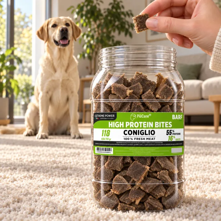 Labrador biondo seduto e attento sul tappeto chiaro di un soggiorno luminoso che guarda un bocconcino tenuto da una mano, con in primo piano il barattolo aperto PiùCane Extreme Power High Protein Bites Coniglio