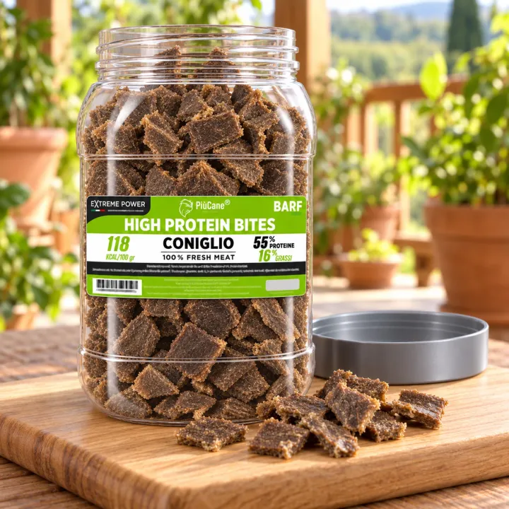 Barattolo aperto PiùCane Extreme Power High Protein Bites Coniglio su un tagliere di legno in una veranda con piante in vaso, con bocconcini di coniglio essiccato versati davanti e il tappo grigio appoggiato accanto