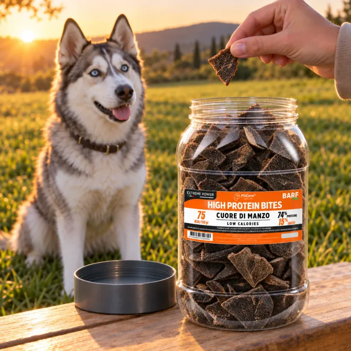 Siberian Husky seduto su un prato all'ora dorata che guarda una mano porgergli una fettina essiccata, con in primo piano il barattolo aperto PiùCane Extreme Power High Protein Bites Cuore di Manzo su una panca di legno accanto al tappo grigio