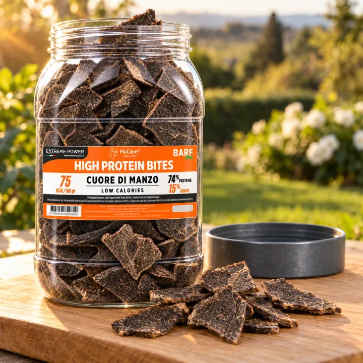 Barattolo aperto PiùCane Extreme Power High Protein Bites Cuore di Manzo su un tagliere di legno chiaro in giardino all'ora dorata, con alcune fettine essiccate versate davanti e il tappo grigio appoggiato accanto