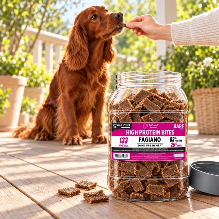 Setter Irlandese seduto su una veranda in legno che prende un bocconcino dalla mano, con in primo piano il barattolo aperto PiùCane Extreme Power High Protein Bites Fagiano