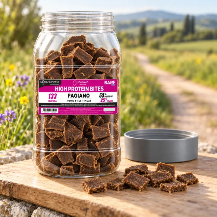Barattolo aperto PiùCane Extreme Power High Protein Bites Fagiano su un tagliere di legno lungo un sentiero di campagna, con alcuni bocconcini versati davanti e il tappo grigio appoggiato di lato