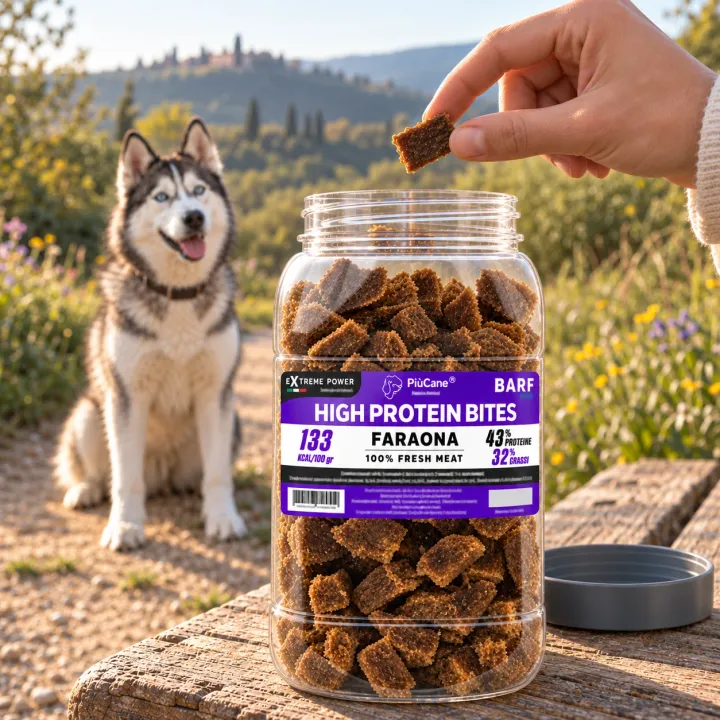 Siberian Husky seduto su un sentiero di campagna che guarda un bocconcino tenuto da una mano, con in primo piano il barattolo aperto PiùCane Extreme Power High Protein Bites Faraona su una panca di legno accanto al tappo grigio