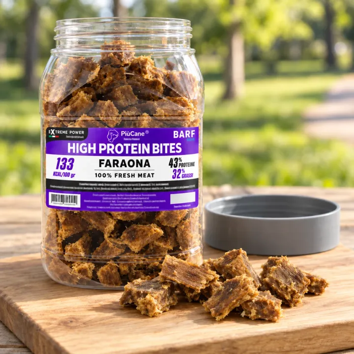 Barattolo aperto PiùCane Extreme Power High Protein Bites Faraona su un tagliere di legno chiaro in un parco al mattino, con alcuni bocconcini di carne essiccata versati davanti e il tappo grigio appoggiato accanto