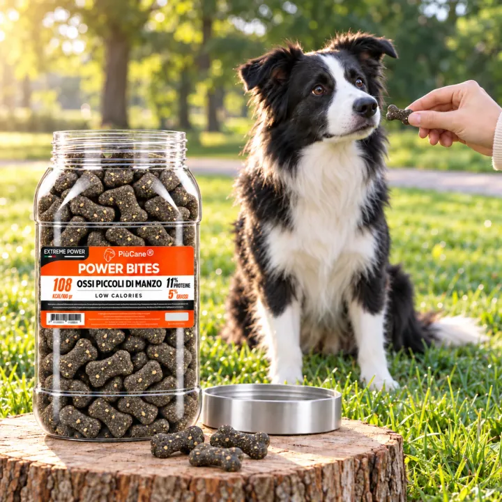 Border Collie seduto sul prato di un parco al mattino che annusa un ossicino offerto da una mano, accanto al barattolo aperto PiùCane Power Bites Ossi Piccoli di Manzo appoggiato su un ceppo di legno con il tappo argento e alcuni ossicini