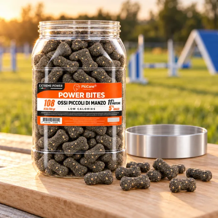 Barattolo aperto PiùCane Power Bites Ossi Piccoli di Manzo su un tagliere di legno chiaro a bordo di un campo di addestramento al tramonto, con alcuni ossicini versati davanti e il tappo argento appoggiato accanto