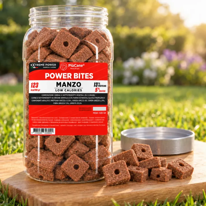 Barattolo aperto PiùCane Power Bites Manzo Low Calories da 500 g su un tagliere di legno chiaro appoggiato sul prato di un giardino, con alcuni bocconcini versati davanti e il tappo argento accanto