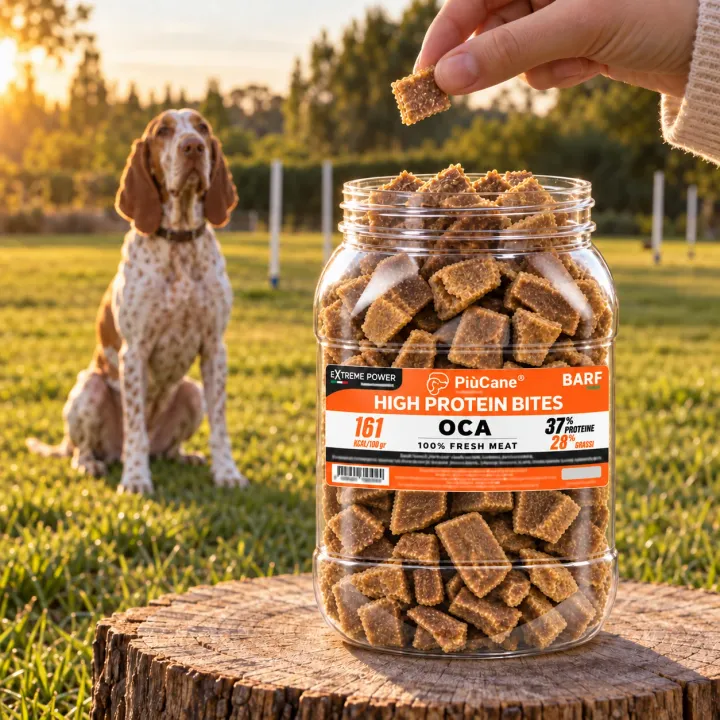 Bracco Italiano seduto e attento sul prato di un campo di addestramento al tramonto, una mano che porge un bocconcino e in primo piano il barattolo aperto PiùCane Extreme Power High Protein Bites Oca su un ceppo di legno