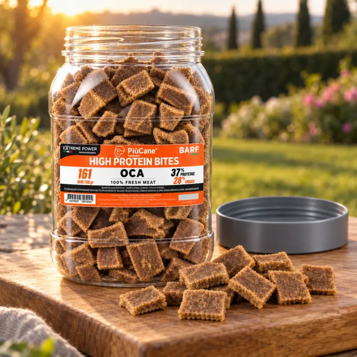 Barattolo aperto PiùCane High Protein Bites Oca su un tagliere di legno in giardino all'ora dorata, con bocconcini versati davanti e il tappo appoggiato di lato