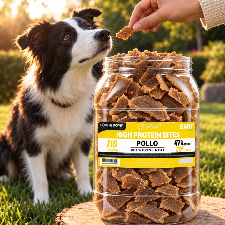 Border Collie seduto sul prato di un giardino all'ora dorata che annusa un bocconcino porto da una mano, accanto al barattolo aperto PiùCane Extreme Power High Protein Bites Pollo su un ceppo di legno