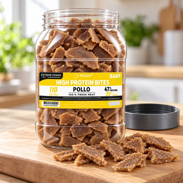 Barattolo aperto PiùCane Extreme Power High Protein Bites Pollo su un tagliere di legno in una cucina luminosa, con bocconcini versati davanti e il tappo grigio appoggiato accanto