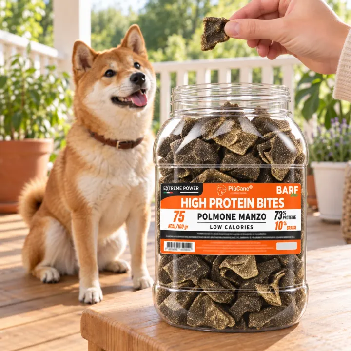 Shiba Inu seduto su una veranda di legno che guarda un pezzo di polmone tenuto da una mano, con in primo piano il barattolo aperto PiùCane Extreme Power High Protein Bites Polmone Manzo su un tavolino di legno