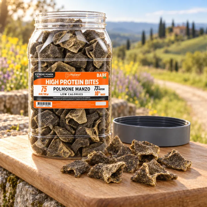 Barattolo aperto PiùCane Extreme Power High Protein Bites Polmone Manzo su un tagliere di legno lungo un sentiero di campagna, con alcuni pezzi di polmone essiccato versati davanti e il tappo grigio appoggiato accanto