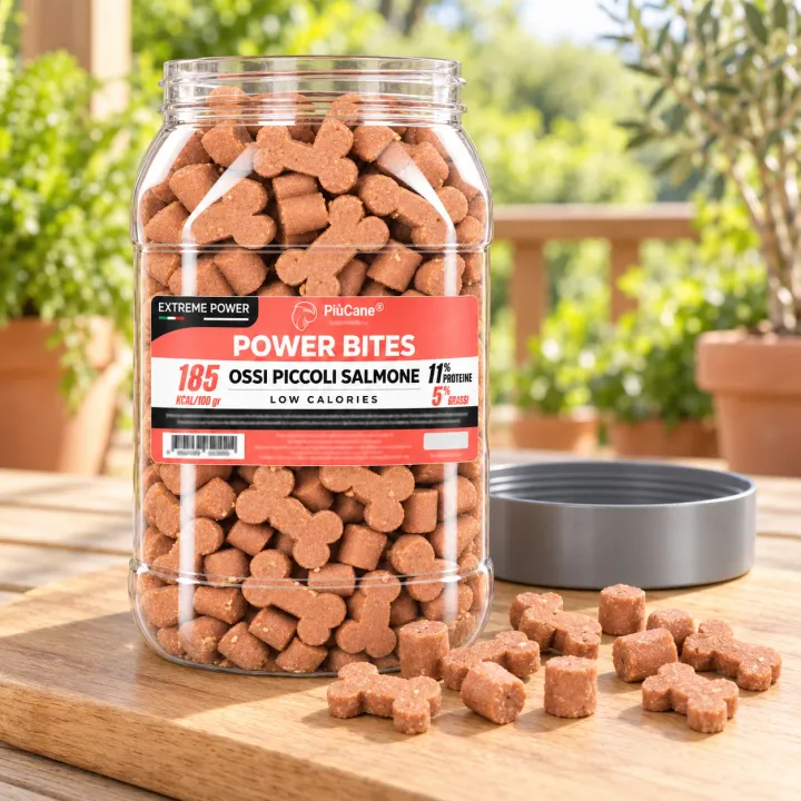 Barattolo aperto PiùCane Power Bites Ossi Piccoli Salmone su un tagliere di legno in una veranda soleggiata con piante in vaso, con ossicini e cilindretti versati davanti e il tappo grigio appoggiato accanto