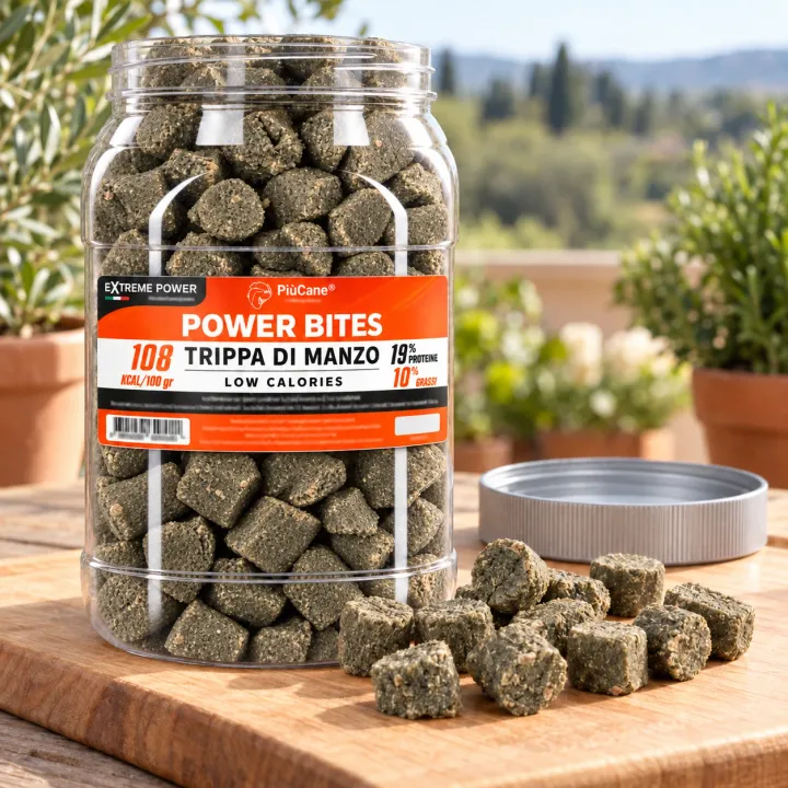 Barattolo aperto PiùCane Power Bites Trippa di Manzo su un tagliere di legno in una terrazza soleggiata, con bocconcini grigio-verdi versati davanti e il tappo argentato accanto