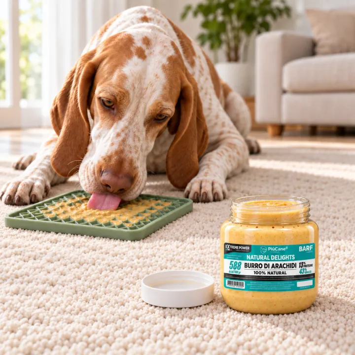 Bracco Italiano sdraiato su un tappeto chiaro in un soggiorno luminoso che lecca il burro d'arachidi spalmato su un tappetino da leccare verde, accanto al barattolo aperto PiùCane Natural Delights Burro di Arachidi da 380 g