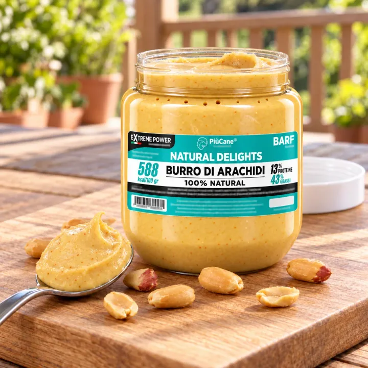 Barattolo aperto PiùCane Natural Delights Burro di Arachidi da 380 g su un tagliere di legno in una veranda luminosa, con un cucchiaio pieno di crema e alcune arachidi tostate sparse davanti