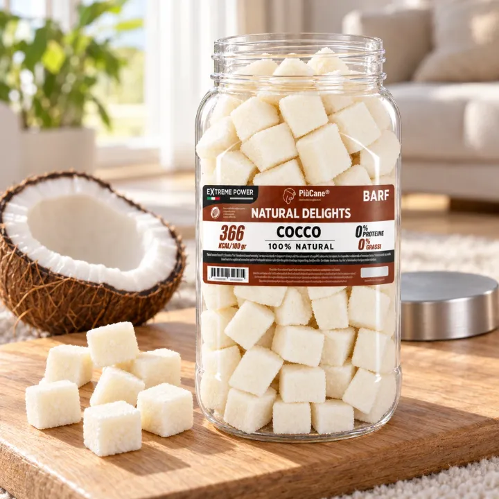 Barattolo aperto PiùCane Natural Delights Cocco su un tagliere di legno in un soggiorno luminoso, con cubetti di cocco candito versati davanti, il tappo argento accanto e mezza noce di cocco fresca a sinistra